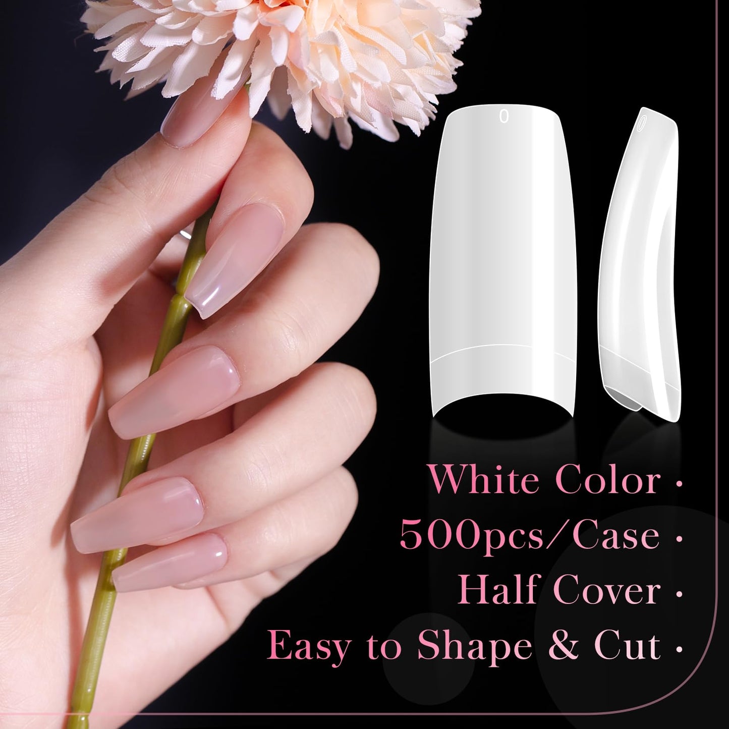 krofaue 500PCS False Nails Tips Lady French Style Acrylic Artificial Tip Manicure Half Cover with Box of 10 Sizes for Nail Tips Art Salons and Home DIY (White+Clear)