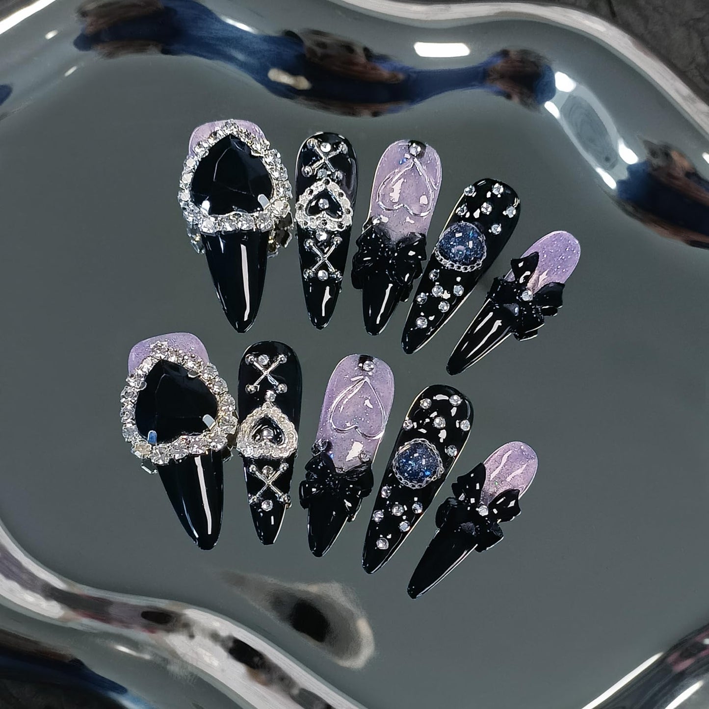 TENPAL Glam Punk Press on Nails Stiletto Almond Long,3D Heart Rhinestones&Metal Chains Designs,Black Glitter Purple Chrome Nails with Full Cover Micro Gems,Y2K Edgy Girly Streetwear Nails,10pcs XS