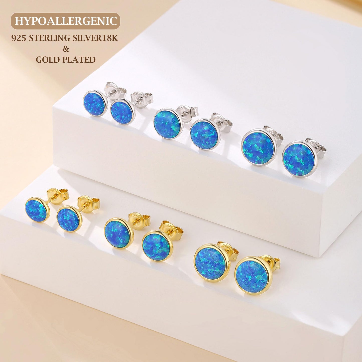 JiayangJY Silver Blue Fire Opal Stud Earrings for Women 18K White Gold Plated Sterling Silver Round Shape 7mm Opal Earrings with Push Back
