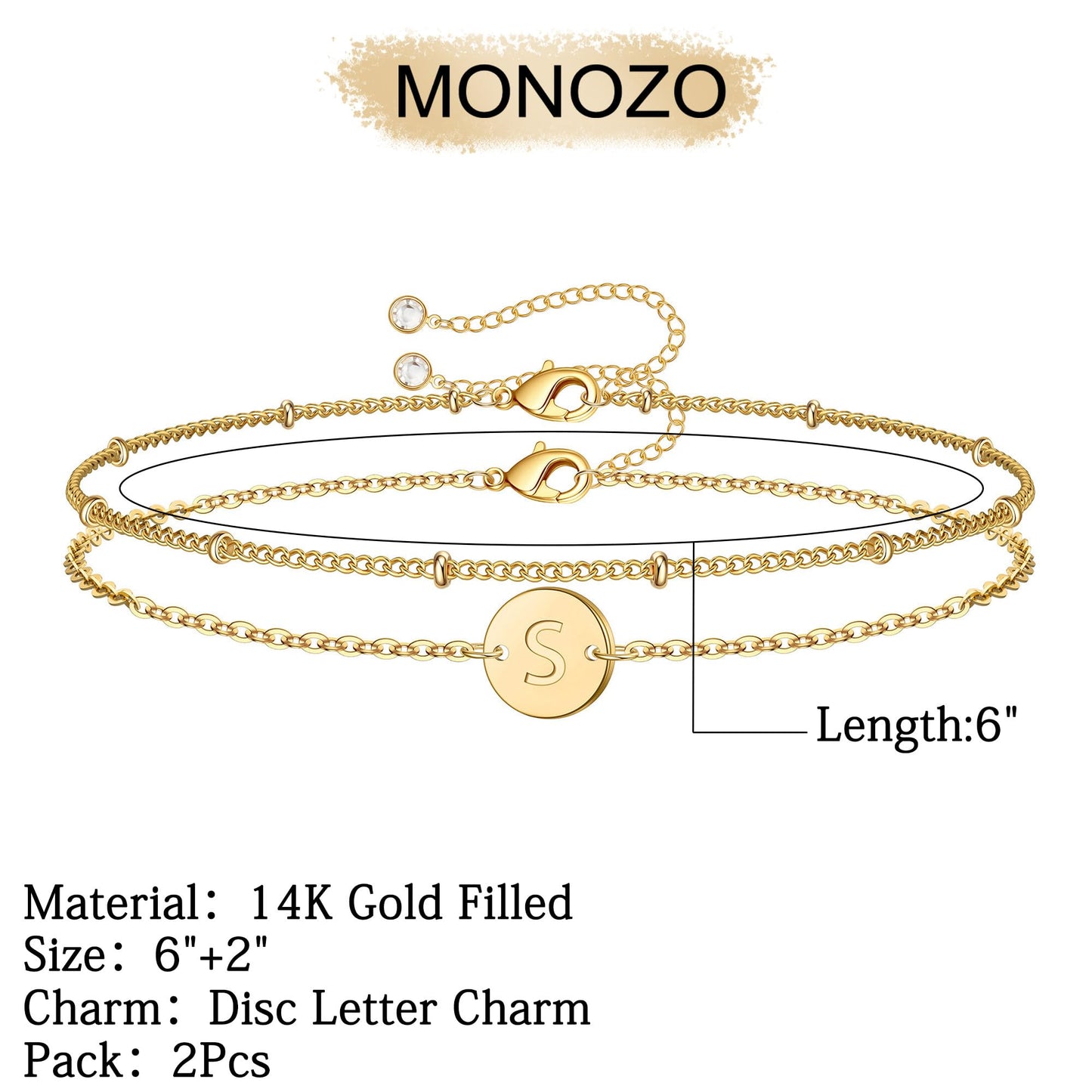 MONOZO Gold Initial Bracelets for Women, Dainty 14K-gold-plated Layered Beaded S Letter Initial Bracelet Personalized Alphabet Disc Monogram Charm Bracelet Jewelry Gifts