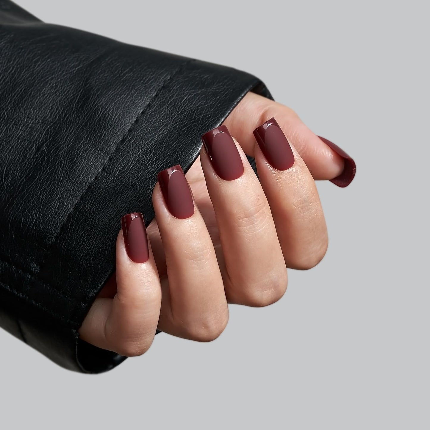 BTArtbox Press on Nails Short Square - Dark Red Nails with Glossy French Tips in a Matte Finish, Soft Gel Fake Nails Glue On Nails in 16 Sizes for Christmas, White French & Cozy Cocoa