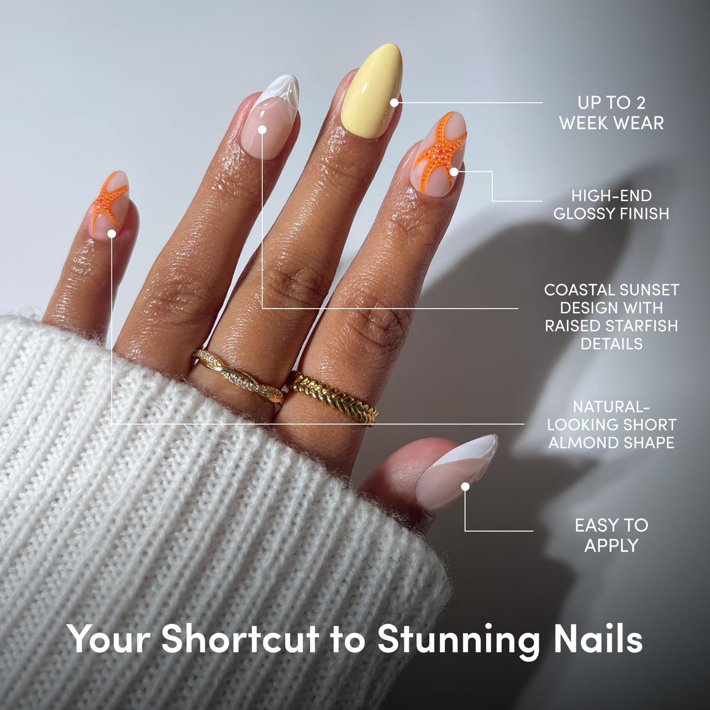 Glamnetic Short Almond Press-On Nails Bundle - Sunbaked, Sunset Tide, Orange Pop & Midnight Teal | Tropical Nails, 3D Nail Art, French Tips, and Salon-Quality Nail Finishes