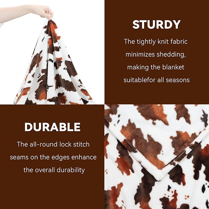 GEULAY Fleece Blanket Twin Size Brown and White Cow Print Throw Blanket Lightweight Cozy Plush Twin Bed Blanket Fuzzy Cute Couch Blanket All Season 60"x80"