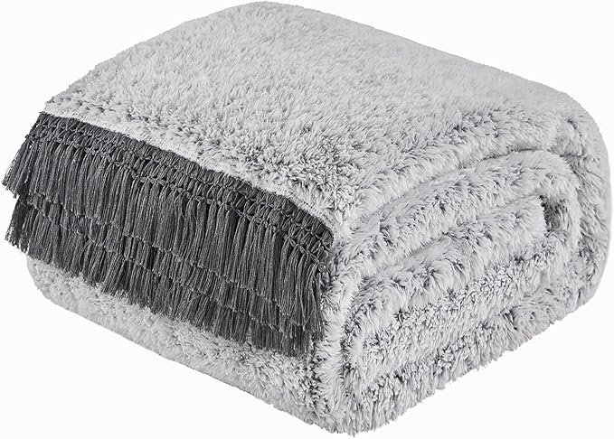 EMME Fuzzy Blanket Soft Fleece Throw Blankets for Women, Fluffy Sherpa Throws(Tassel Grey,60"x80")