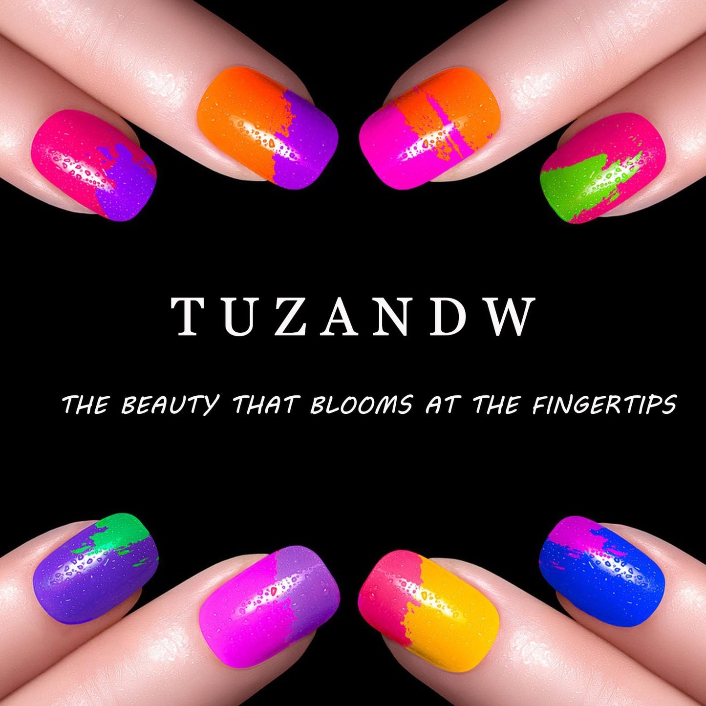 TUZANDW Coffin Press-on Nails with Glue - Flower Designs, Medium Length, Candy Colors, Glitter French Acrylic, Pink, Full Cover False Nails - 24 Pcs