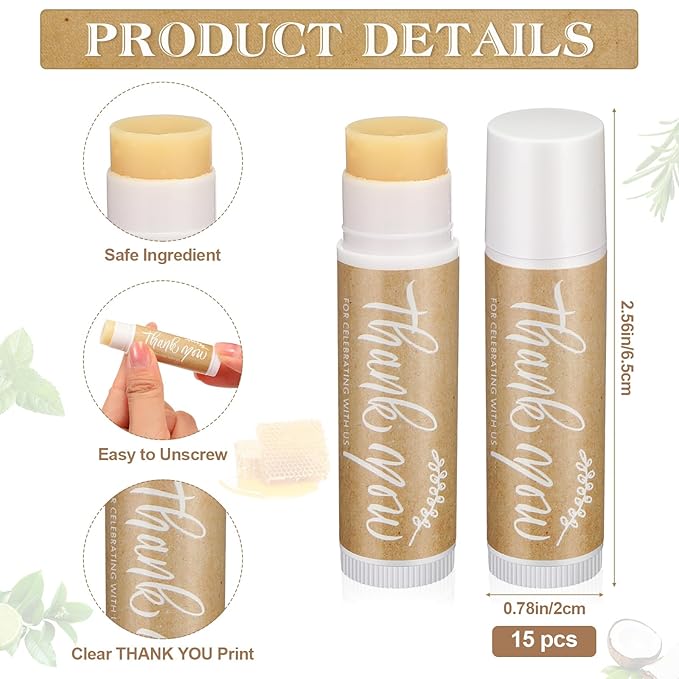Leelosp Wedding Thank You Lip Balm Bulk Small Natural Moisturizing Mini Balm Lip Care Product Include Organza Bag and Appreciation Card for Women Baby Shower Favors, 5 Fragrance(15 Sets)