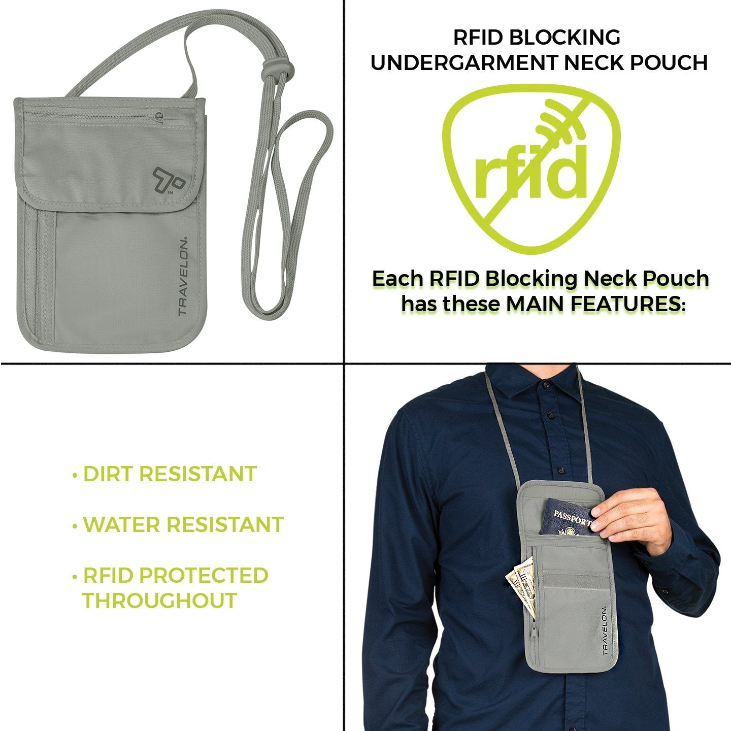 Travelon Rfid Blocking Undergarment Neck Pouch Travel Wallet, Gray, One Size