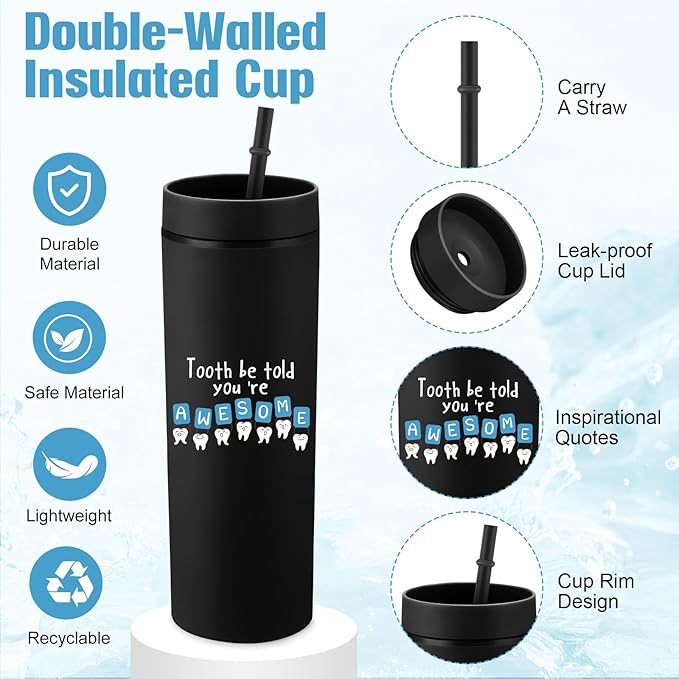 Skylety 3 Pcs Dental Hygiene Month Gifts Dental Assistant Hygienist Appreciation Gift 16oz Tumbler with Lid Cute Teeth Makeup Bag Stress Toy Employee Thank You Dentist Coworker Nurse Student(Black)