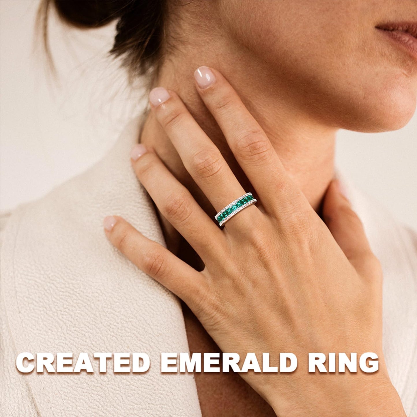 RANDES Created Emerald Engagement Ring 925 Sterling Silver Emerald Green Stone Ring Eternity Band Rings for Women Size 9.5