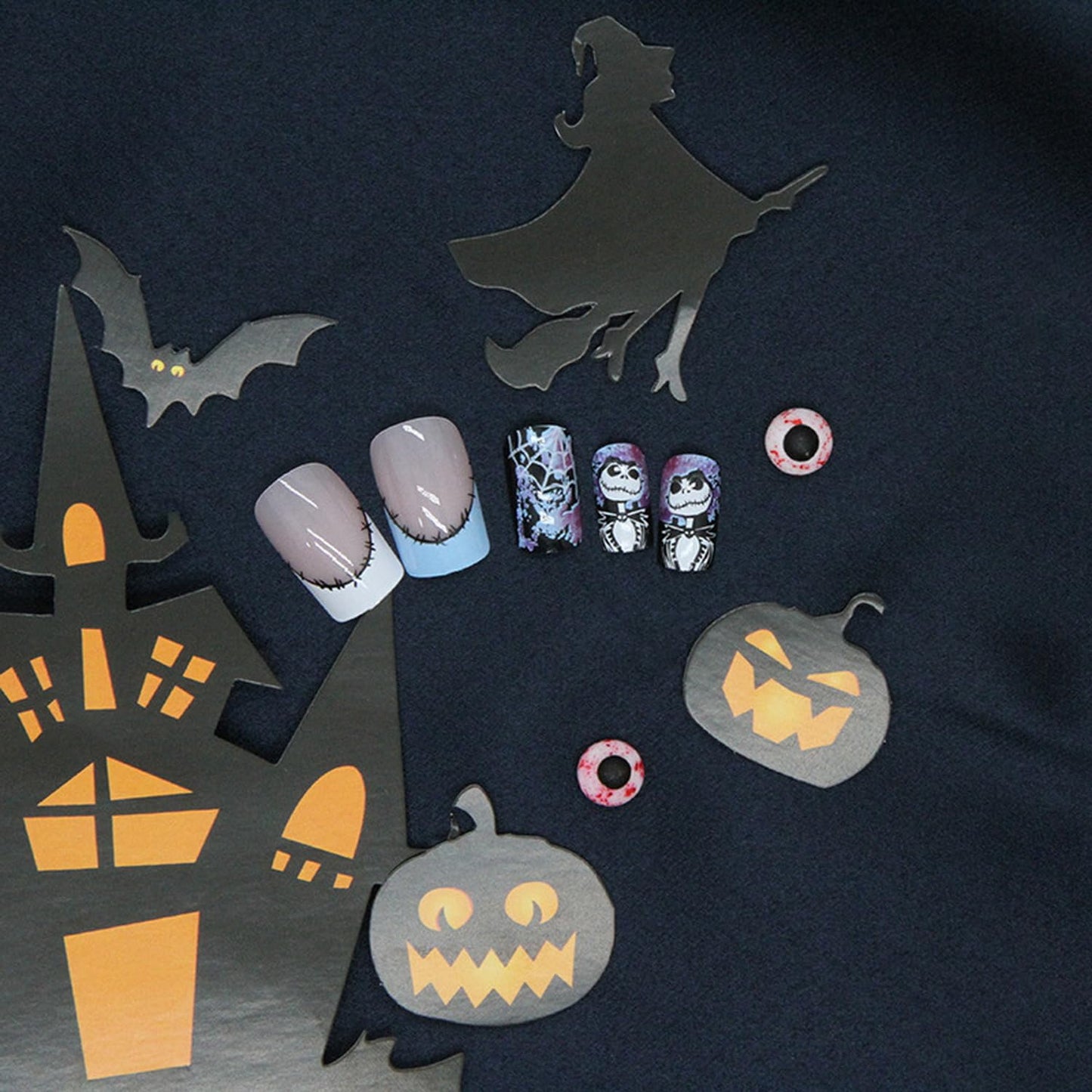 Halloween Press on Nails Medium Square Fake Nails with Spider Web Design Acrylic Nails Nightmare Before Christmas Nails Scary Stick on Nails Holiday French Tip Artificial Nails for Women 24Pcs