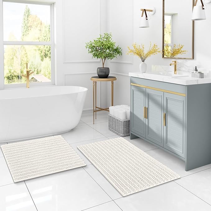Arotive Luxury Chenille Bathroom Rug Mat, Extra Soft Thick Absorbent Shaggy Bath Rugs, Non-Slip Machine Wash Dry, Plush Bath Mats for Bathroom, Shower and Tub, 40x24, Ivory