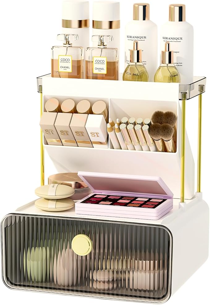 FOLLOWIN Bathroom Counter Organizers and Storage with Drawer,Cosmetic Organizer with Make Up Brush Holder,Perfume Makeup Shelf,3-Tier Vanity Storage,Smoky Gray