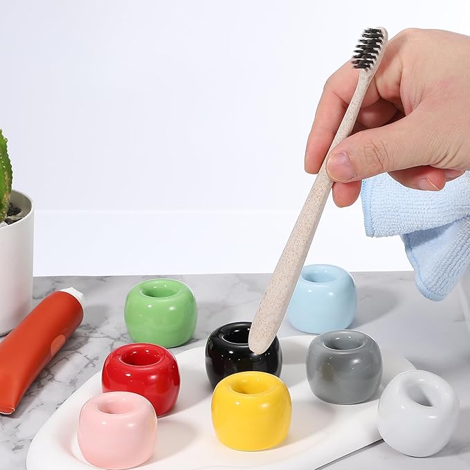 uxcell 2 Pcs Mini Ceramics Toothbrush Holder Stands, Sleek Mini Countertop Toothbrush Round Shape Ceramic Holder Stand for Bathroom Vanity Countertops, Grey