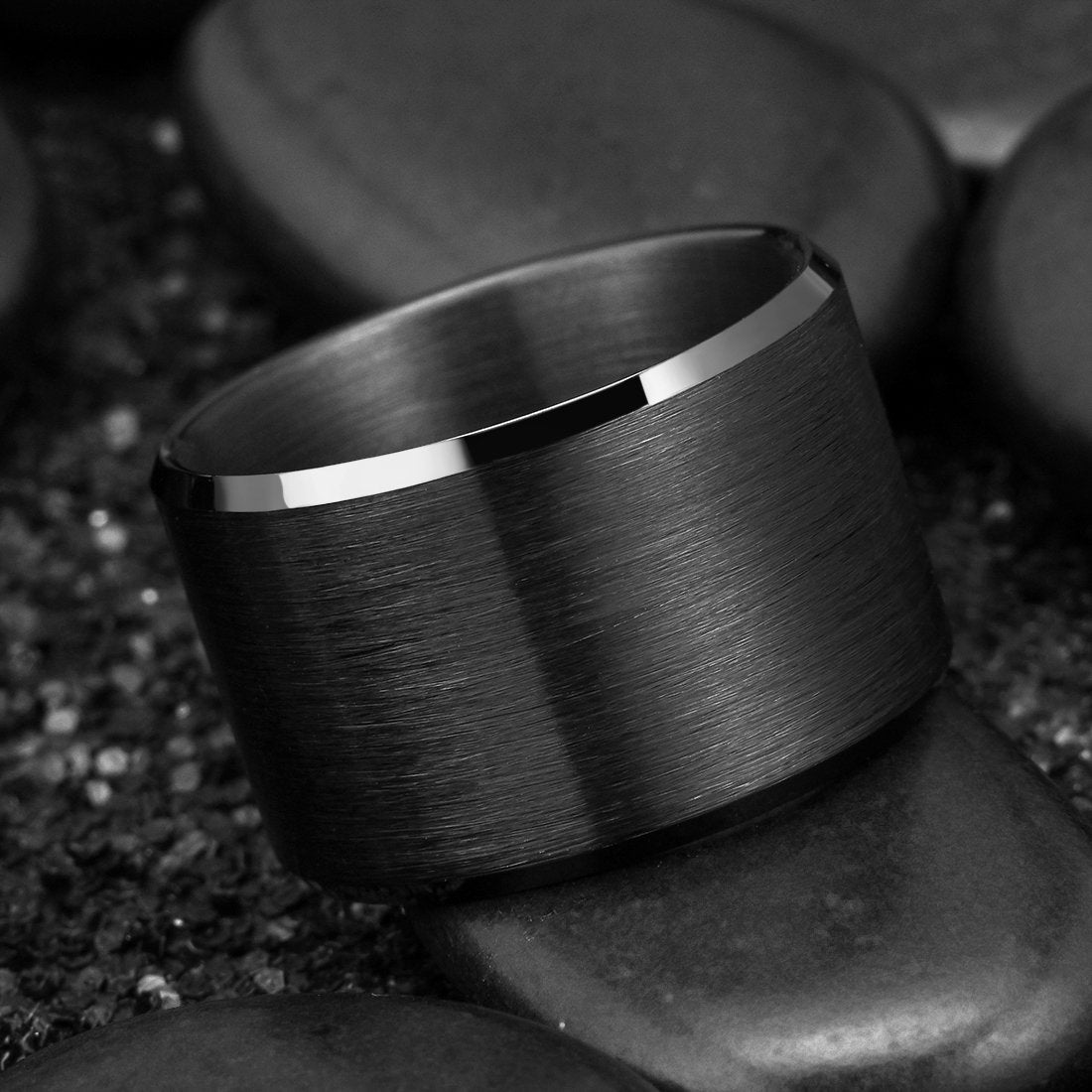 King Will Black-15mm Basic Wedding Ring For Men with Brushed Matte Surface Beveled Polished Edge Comfort Fit 10