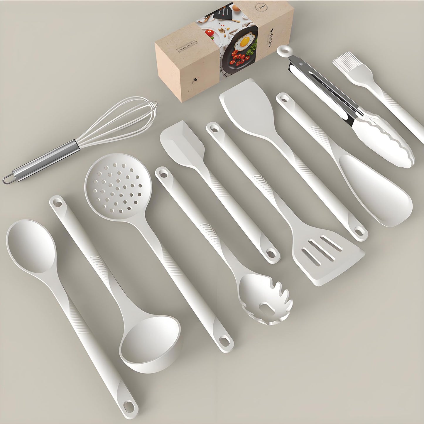Silicone Cooking Utensils Set - 600°F Heat Resistant, Nonstick Kitchen Utensil Set with Spatulas, Spoons, Whisk, Tongs, BPA Free, Dishwasher Safe, Cream White