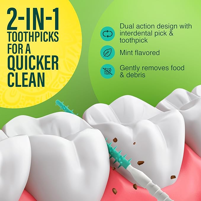 GuruNanda 2-in-1 QuickPik Toothpick & Interdental Pick – Soft Rubber Bristles for Plaque Removal & Improved Oral Care, Comes with a Travel Case for On-The-Go Use, 300 Ct