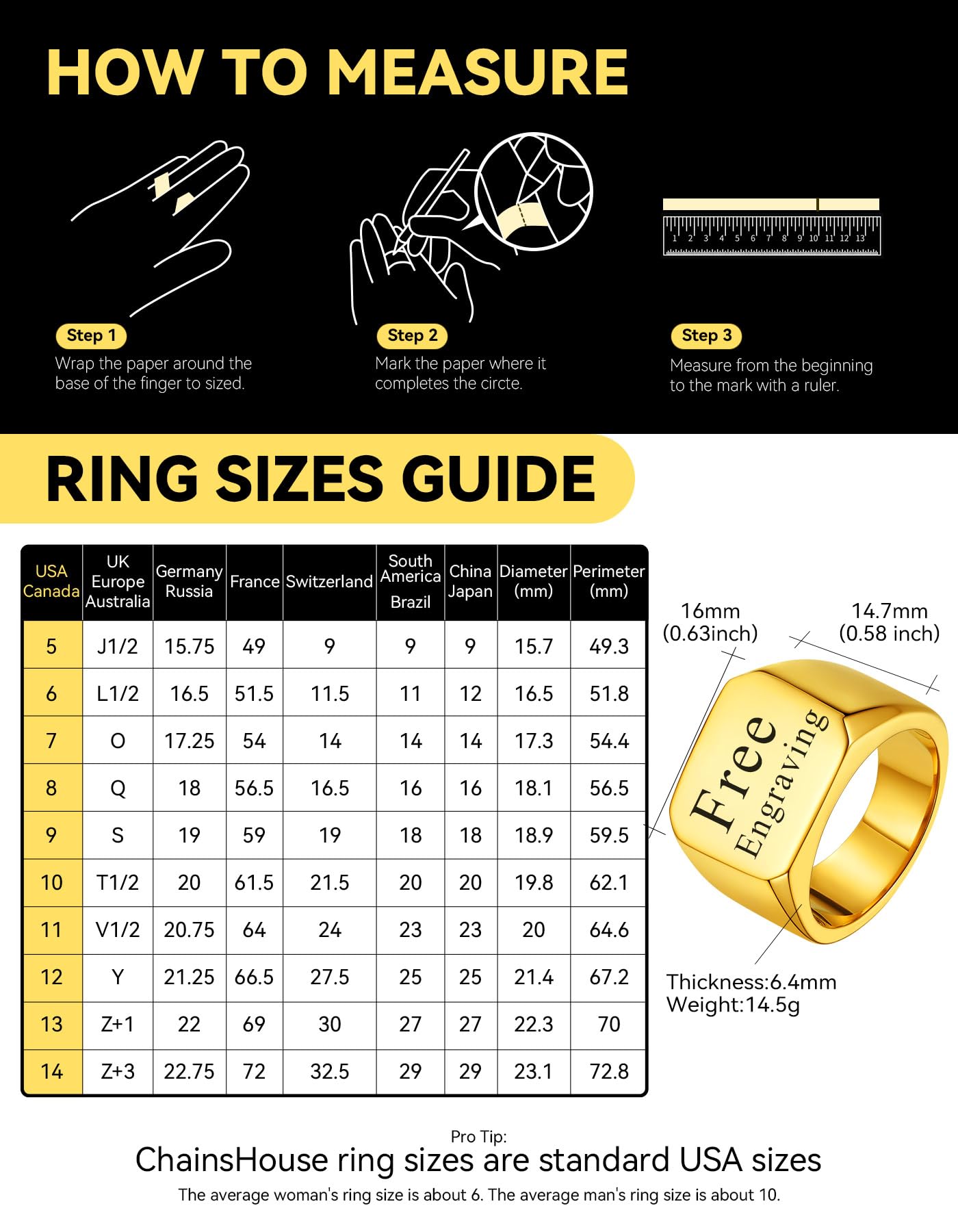 ChainsHouse Personalized Signet Biker Rings Solid Polished 18K Gold Ring for Men, Size 7