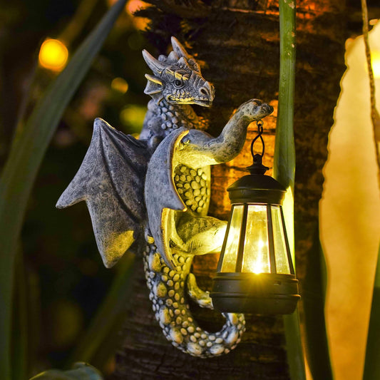 Dragon Tree Hugger Solar Garden Decor - 9.3 Inch Garden Statues Lawn Ornaments for Outside Balcony Yard Whimsical Art Outdoor,Medieval Fantasy Halloween Decor