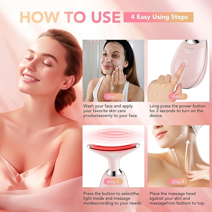 Red-Light-Therapy-for-Face, Facial Massager Wand Tool with 7 Color - Birthday, Christmas, Mothers Day, Valentines Day, Self Care Gifts for Her Women Mom Best Friend Wife Teacher (Pink)