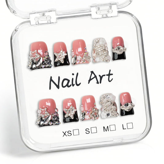 Rhinestone Handmade Press on Nails Duck Fake Nails Black French Tip with 3D Flower Stars Designs Luxury Handmade Rhinestone Charm Sparkly Muti-Layer Gel Acrylic Nails for Women 10Pcs (S）