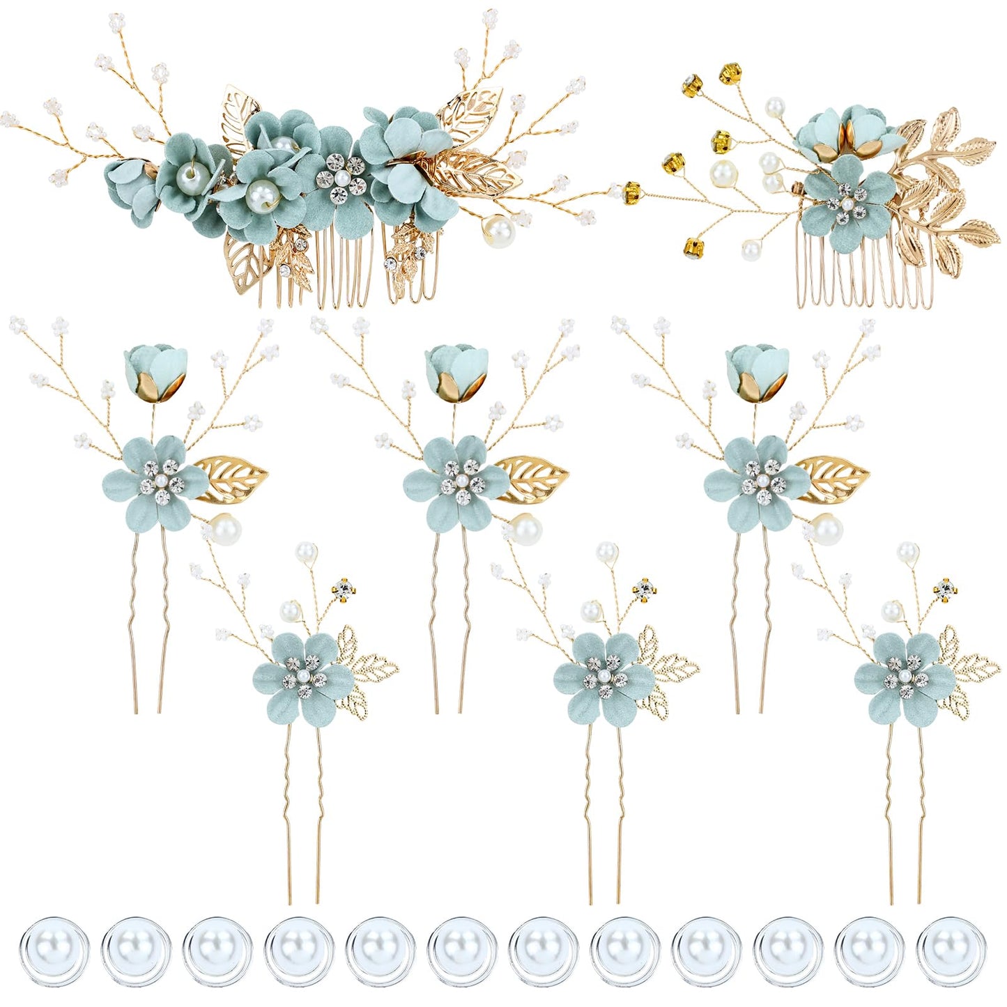 inSowni 20 Pieces Rhinestone Pearl Bridal Wedding Party Prom Light Green Flower Hair Side Combs Slides +U-shaped Floral Hair Pins+Twist Spiral Pearl Hairpins for Brides Bridesmaids Girls Women