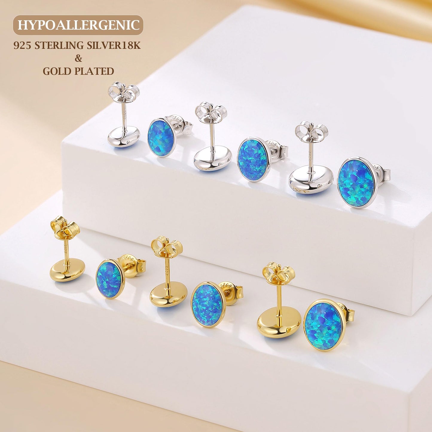 JiayangJY Silver Blue Fire Opal Stud Earrings for Women 18K White Gold Plated Sterling Silver Oval Shape 7mm Opal Earrings with Push Back