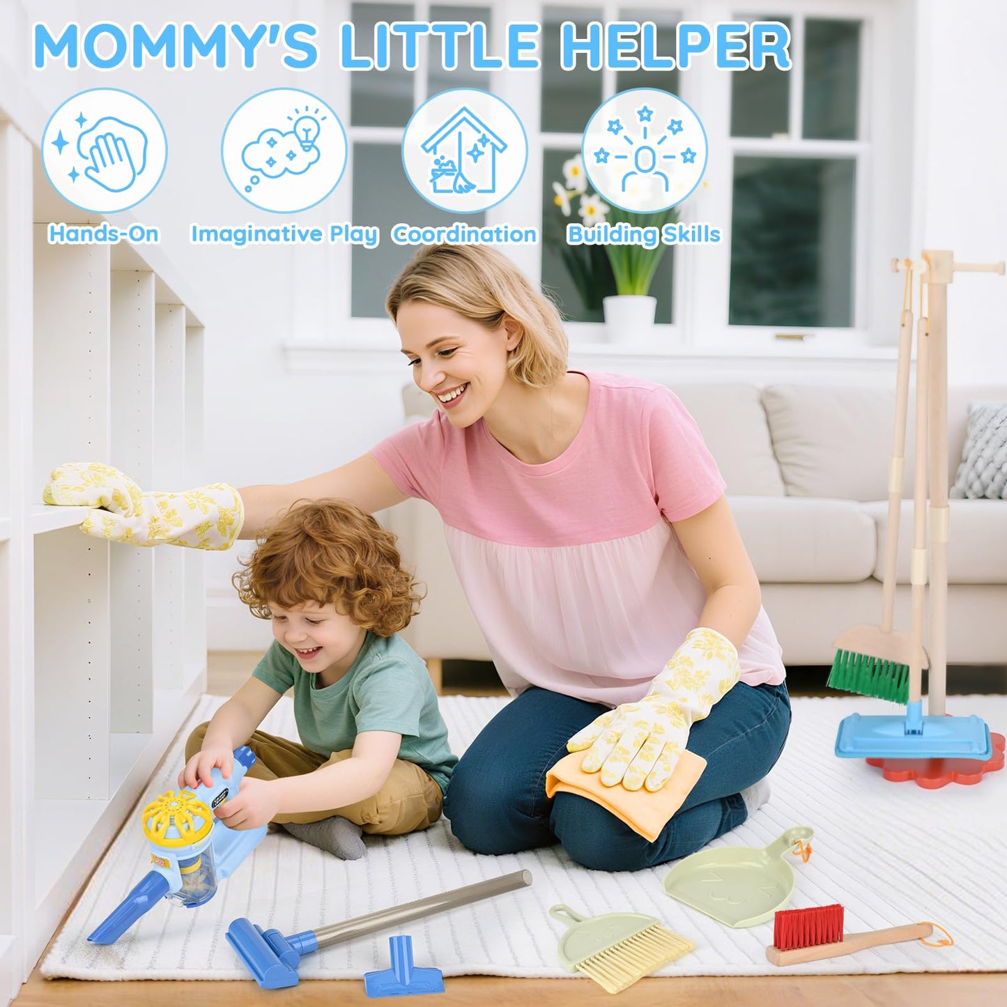 Dreamon Wooden Toddler Cleaning Set - 11Pcs Kids Cleaning Toy Set with 3-in-1 Kids Vacuum That Really Works, Montessori Cleaning Toys with Broom and Mop Set for Toddlers Girls Boys Age 3-6