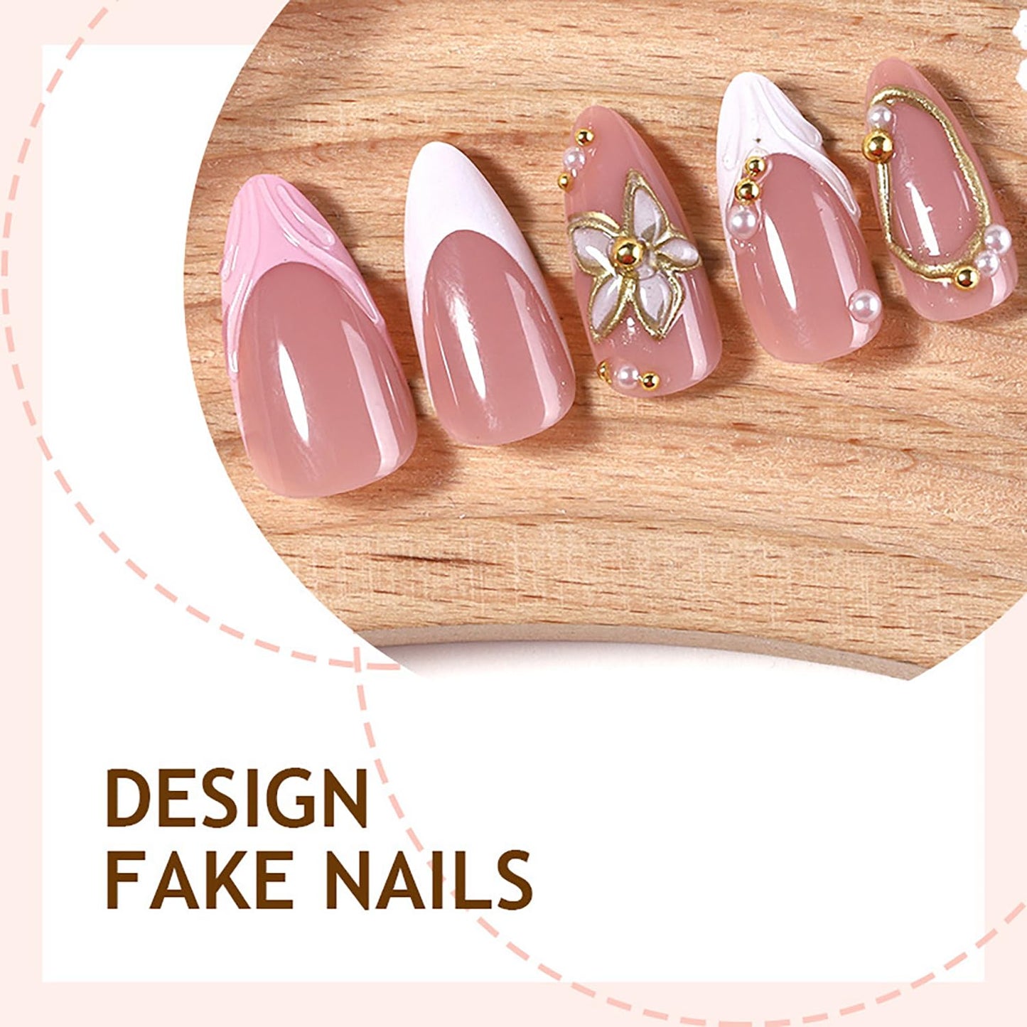 Flower Press On Nails Medium Almond Spring Fake Nails With 3D Flower Pearls Design French Nail Press Ons Gold Hollow-Out Pink Stick On Nails Glossy Summer Acrylic Glue On Nails For Women 24Pcs