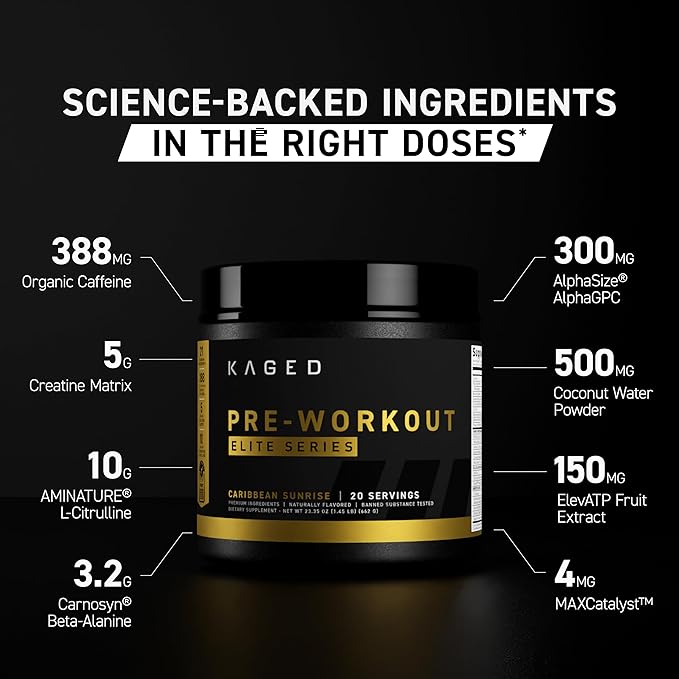 Kaged High Stimulant Pre Workout Powder | Strawberry Lemonade | Pre-Kaged Elite | L-Citrulline | Creatine | Beta Alanine | 388mg Caffeine | Nitric Oxide Booster | 20 Servings