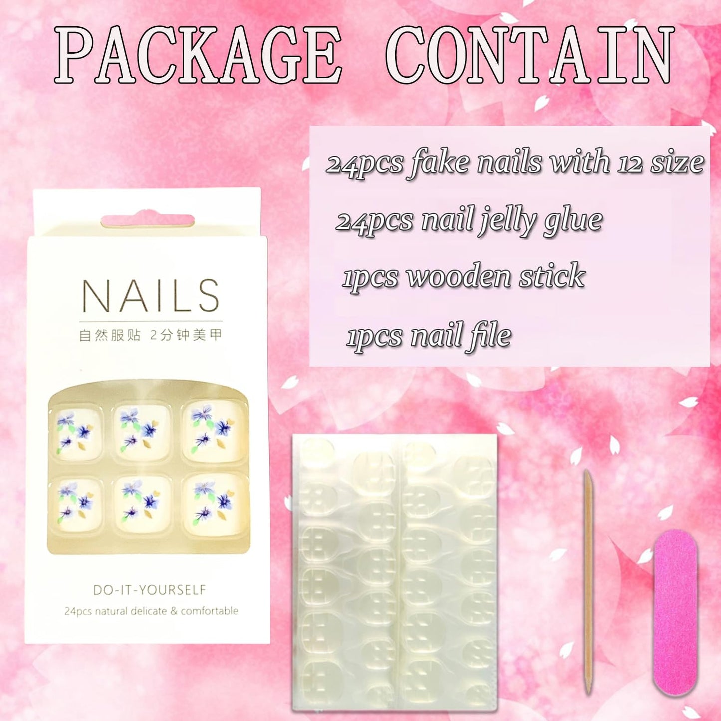 Vezocim Press on Toenails with Orchid Flower Designs, 24Pcs Blue Artificial Short Fake Toenails, Matte Full Cover Acrylic False Nails for Toe, Glue Toenails with Charm for Women Girls