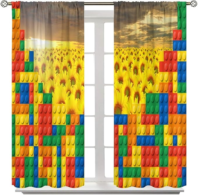 Colorful Building Blocks Sunflower Flower 3D Toy Printed Curtains, Building Blocks, Floral Sunflower Curtains, Interesting Brick 3D Design, Boys and Girls Room Curtain Panels, 2 Panels 52x84in