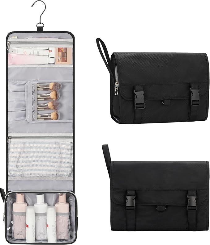 Travel Hanging Toiletry Bag with Makeup Brush Board, Portable Toiletries Bag with Hanging Hook, Water Resistant Wash Bag, Makeup Organizer with Cosmetics for Full Sized Travel Essentials - Black