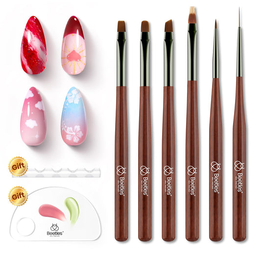Beetles Gel Polish Nail Art Brushes, 6 Pcs Fingernail Art Design Pens, Nail Art Tools, Wood Alloy Handle Nail Brushes, Clean Up Liner French Set with Holder&Palette DIY Gift for Women