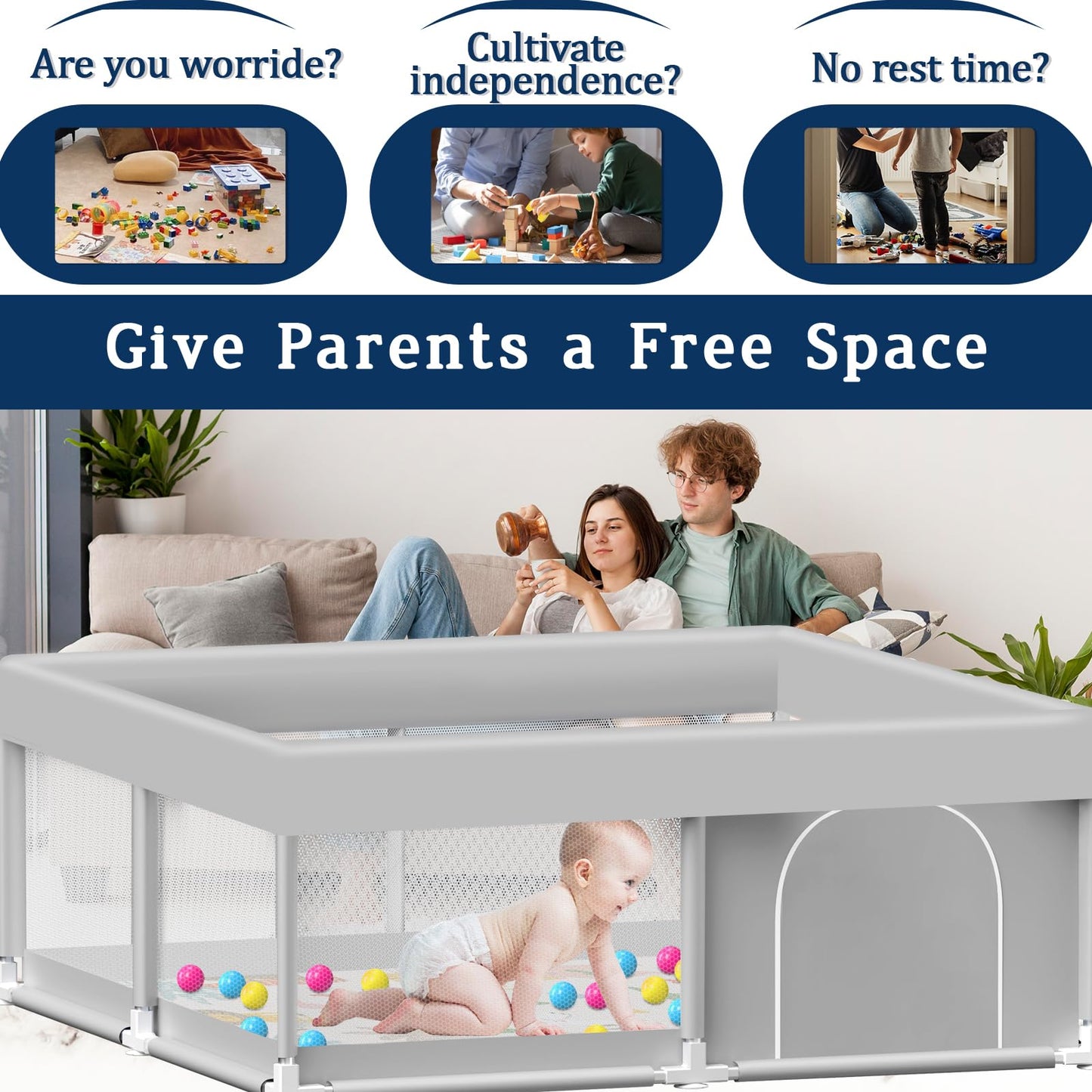 Baby Playpen with Mat, 50x50 Inch Playpen with Mat Waterproof for Babies and Toddlers Play Pen Playards Safety Gate Fence Active Center Indoor
