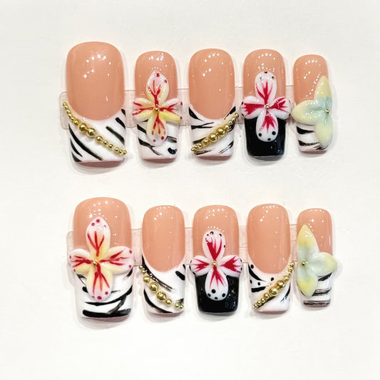 Handmade Press on Nails Long Square Fake Nails with 3D Tiger Stripe Gold Chain and Flower Designs False Nail Multicolored Sparkly Acrylic Nail French Tip for Women 10Pcs（S)