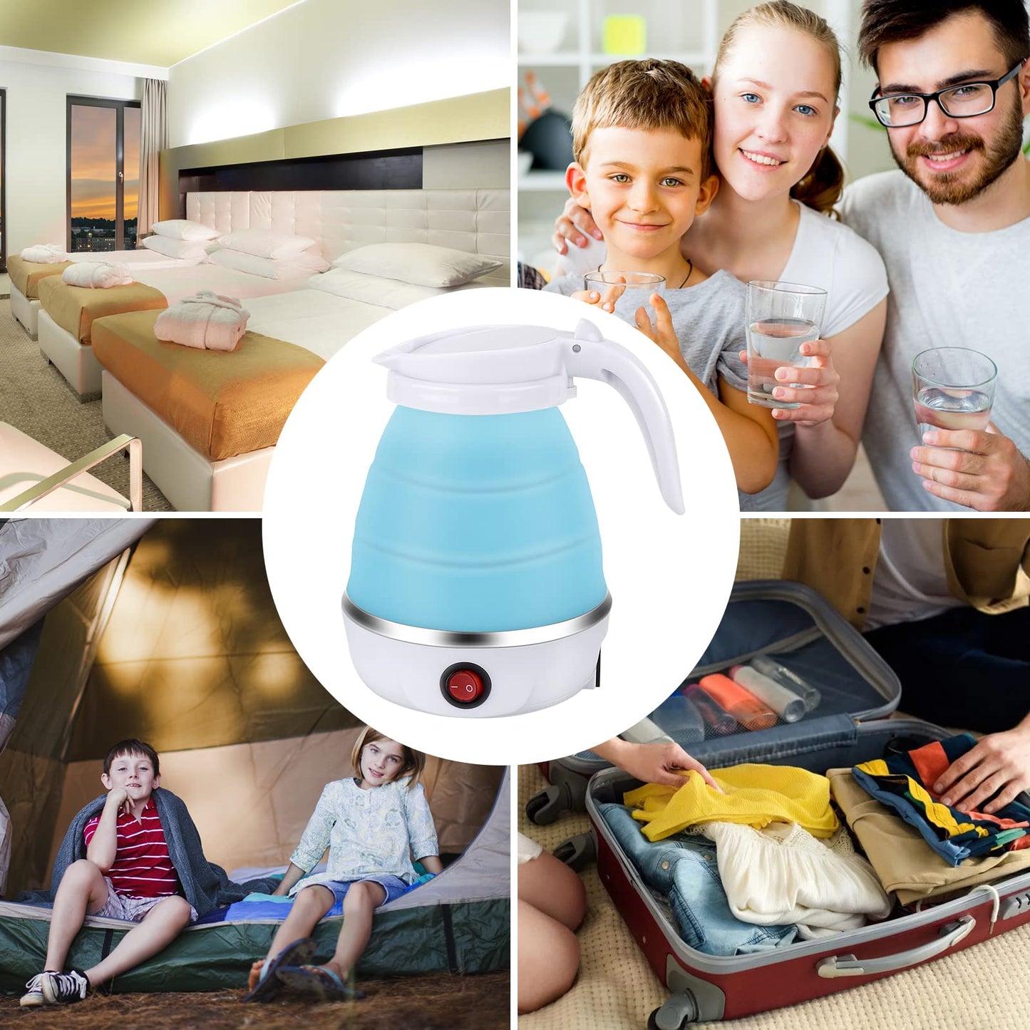 Portable Electric Kettle Travel Size, 600ML Small Foldable Tea Coffee Kettle with Collapsible Bowl and Cups, 5 Min Fast Water Boiling, BPA Free Food Grade Silicone, 110V 400W