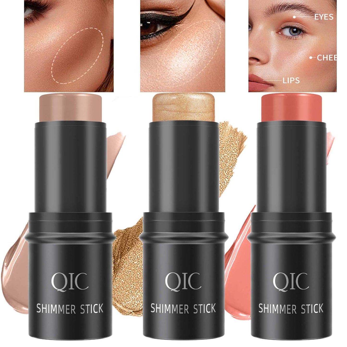 3 PCS Cream Contour Blush Stick,Long Lasting Waterproof Blush Stick for Cheeks&Lips Multipurpose Face Highlighting Concealing Cream,Shimmer Contour Stick Makeup for Women