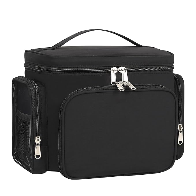 Large Makeup Bag, Travel Toiletry Bag for Women, Lightweight Cosmetic Makeup Bag Organizer with Handle and Clear Side Pockets for Traveling, Accessories, Essentials, Toiletries, Black