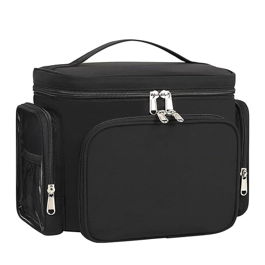 Large Makeup Bag, Travel Toiletry Bag for Women, Lightweight Cosmetic Makeup Bag Organizer with Handle and Clear Side Pockets for Traveling, Accessories, Essentials, Toiletries, Black