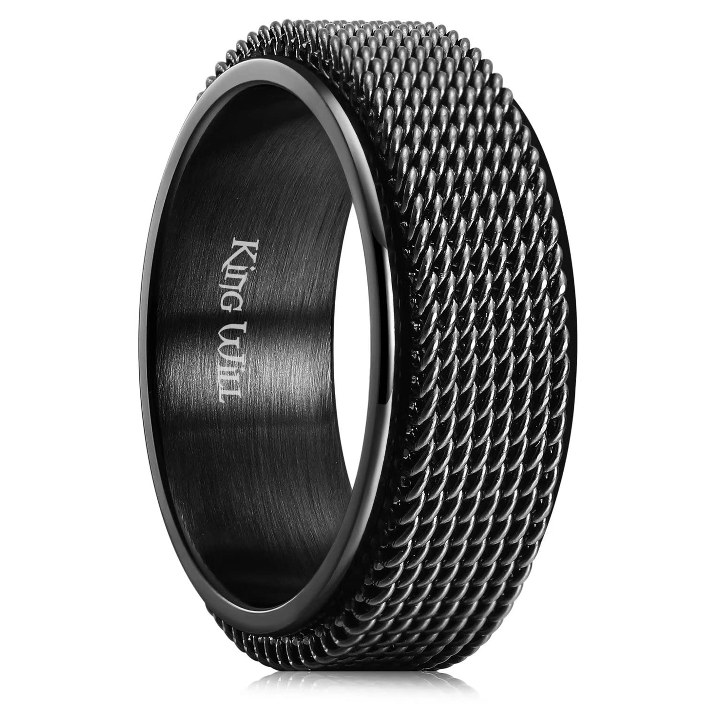 King Will Black 8mm Stainless Steel Chain Mesh Simple Plain Spinner Anxiety Ring for Women Men Wedding Band Ring Fidget Ring Mesh Chain Woven Mesh 14