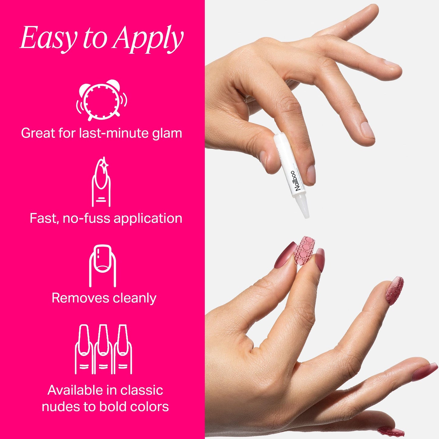Nailboo Press On Nails, Salon-Quality Reusable Fake Nails for Fast DIY Manicure with Strong Hold Nail Glue for Press Ons, Nail File, & Alcohol Prep Pads, Royal Rose