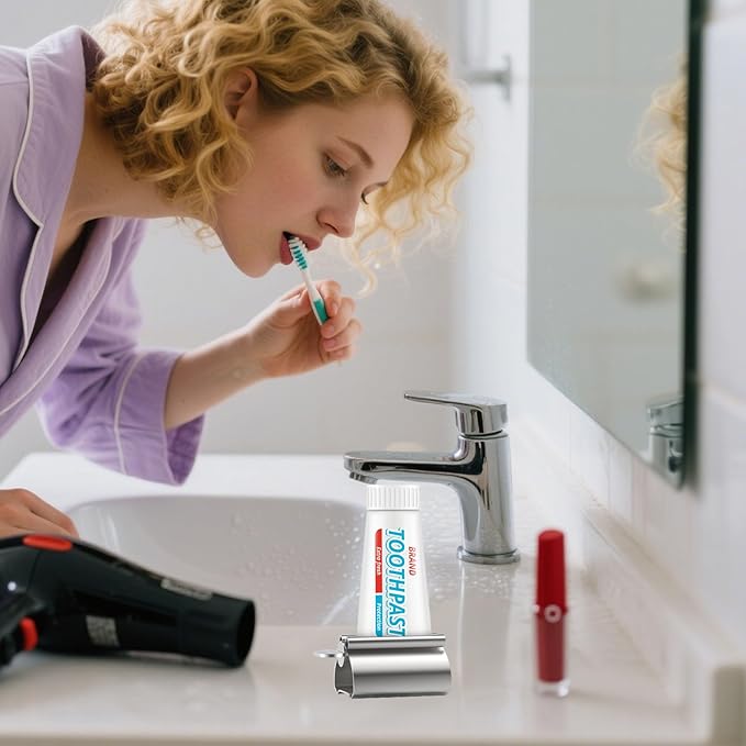 LOVEINUSA Toothpaste Tube Squeezer Dispenser, 1PCS Toothpaste Roller Squeezer Tool Metal Stainless Steel Tooth Paste Holder for Bathroom, Silver