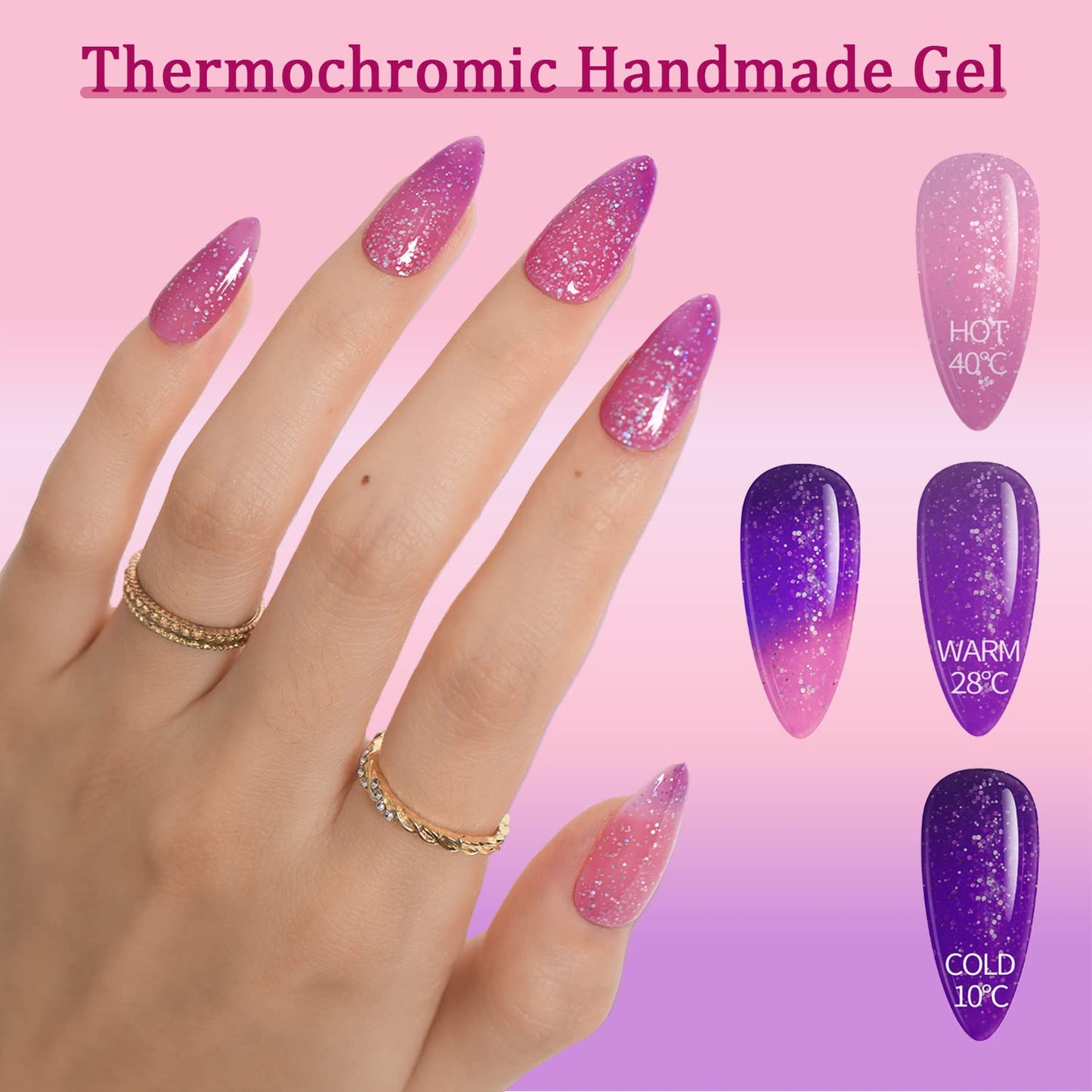 GLAMERMAID Hamdmade Thermo Press on Nails Gel Medium Almond, Glitter Purple Pink Ombre Fake Nails Short Stiletto, Pink Golden Glitter Galaxy Fake Nails Shinny Short Stiletto Shimmer Acrylic False Nail