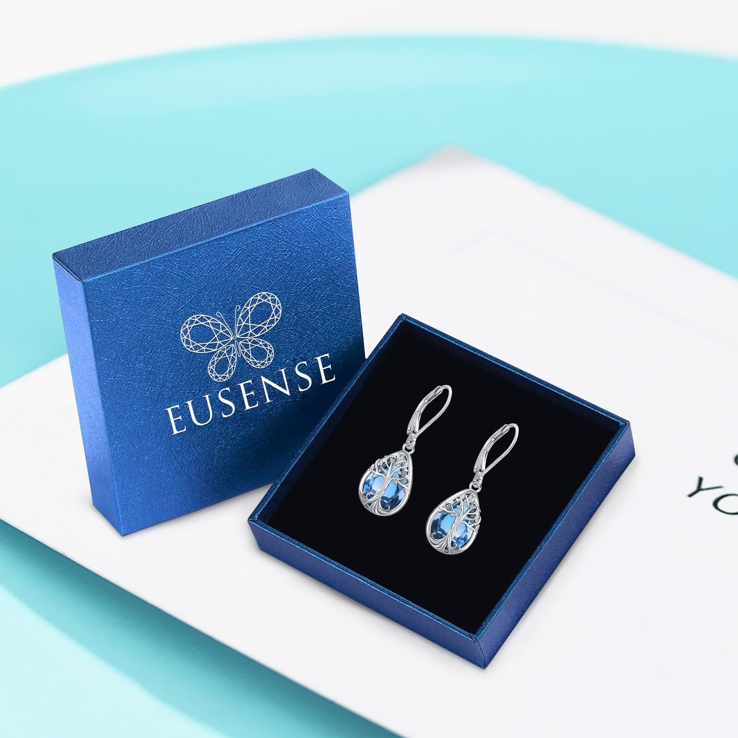 Eusense Tree of Life Earrings 925 Sterling Silver Drop Dangle Earrings for Women with Sapphire Teardrop Birthstone Jewelry Leverback Sterling Silver Jewelry Gift