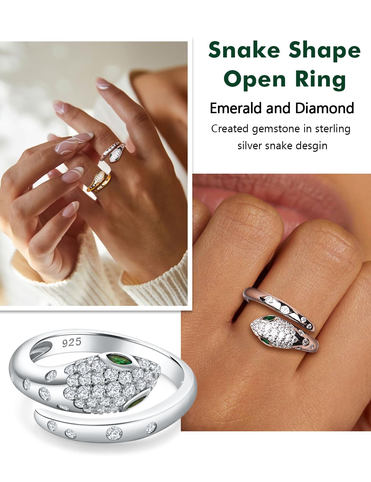 RANDES 925 Sterling Silver Snake Rings for Women Adjustable Gothic Rings Punk Jewelry 1 Carat Lab Diamond and Emerald Open Cocktail Ring Size 10