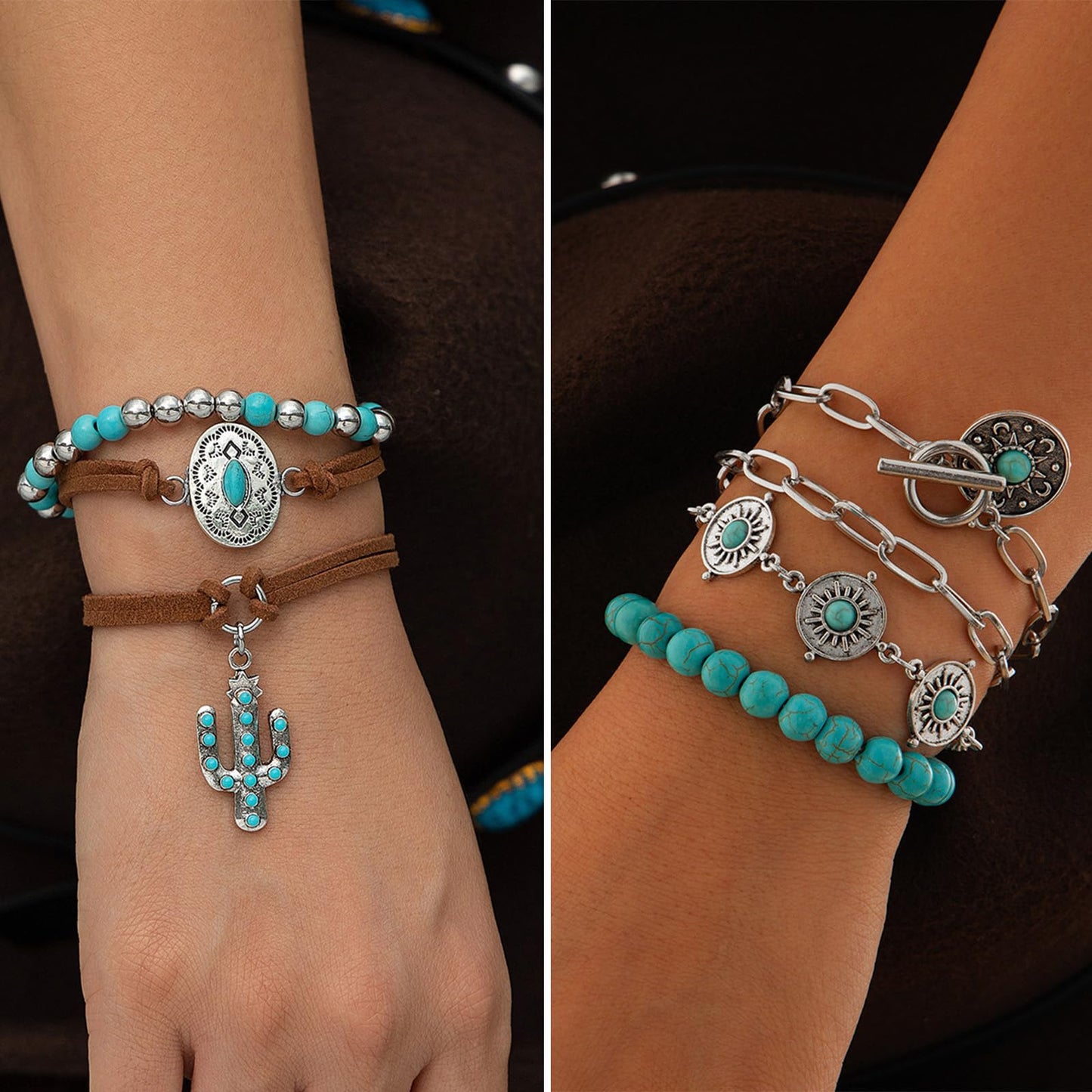 IFKM 50 PCS Silver Bohemian Jewelry Set With 7pcs Turquoise Necklace,12 pairs Dangle Earrings, 7pcs Stackable Bangle Bracelets, 24pcs Knuckle Rings For Women Vintage Western Boho Turquoise Anniversary Birthday Friendship Gift (Bohemian style)