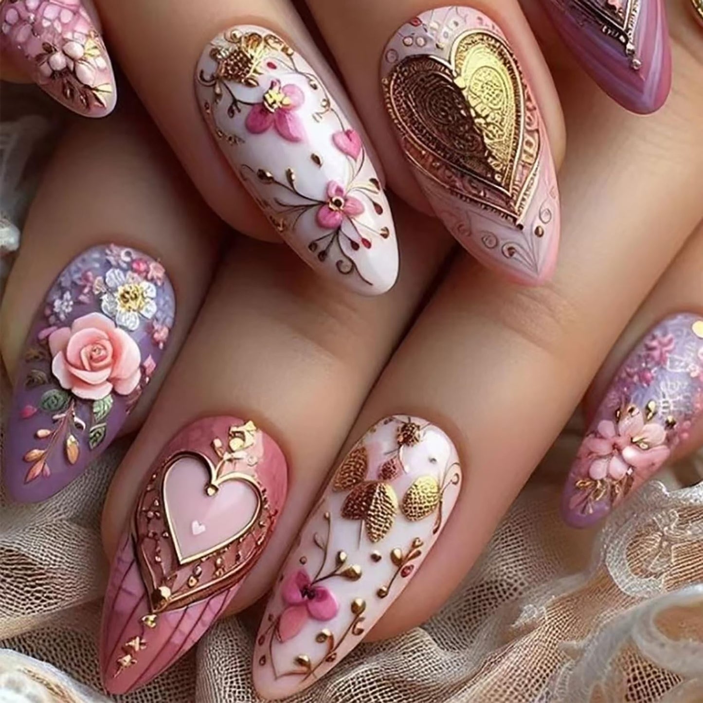 CJDLTS Gold Love Heart Press on Nails Almond Shaped Flower Rose Pattern Design Colorful Press Ons Acrylic Fake Nail Full Cover Glossy Artificial Fingernails Blossom Stick on Nails for Women 24Pcs