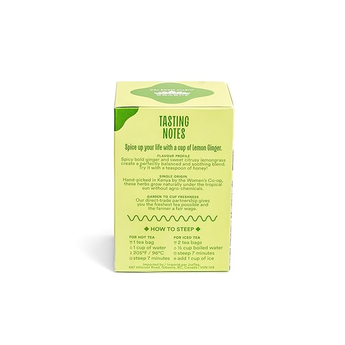 JusTea LEMON GINGER | Herbal Tea Bags, Caffeine-Free, Organic Ginger and Lemongrass Tea | Fair-Trade | Plastic-Free Tea Bags | Vegan, Sugar-Free, Gluten-Free | 16 Tea Bags