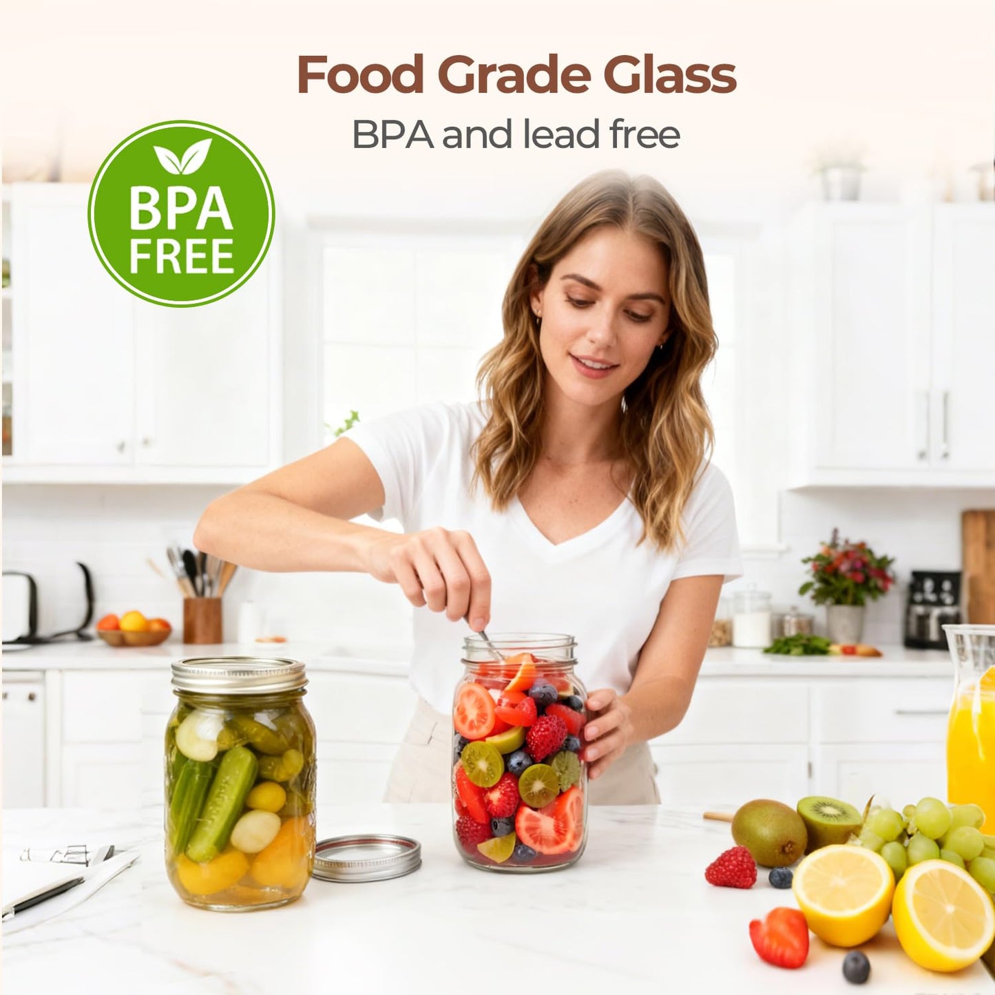 ComSaf Wide Mouth Mason Jars 32 oz with Lids 2 Pcs, Quart Mason Jars with Seal Band, Large Glass Jars, Large Canning Containers for Pickles, Jams, Sauces, Salsa, Sourdough, Salad, Suntea, Food Storage