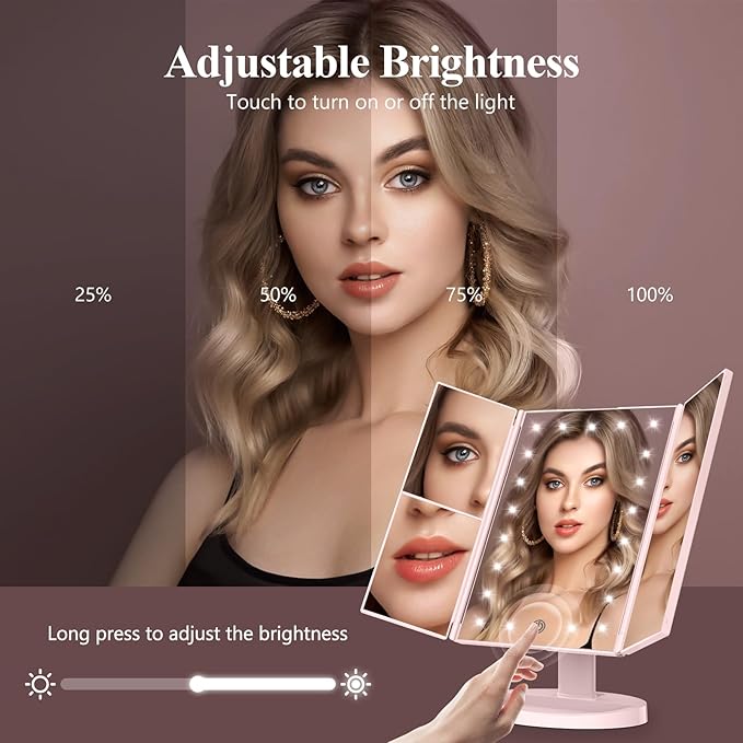 HUONUL Makeup Mirror Vanity with Lights, 2X 3X 10X Magnification, Lighted Mirror, Touch Control, Trifold Dual Power Supply, Portable LED Women Gift (Pink)
